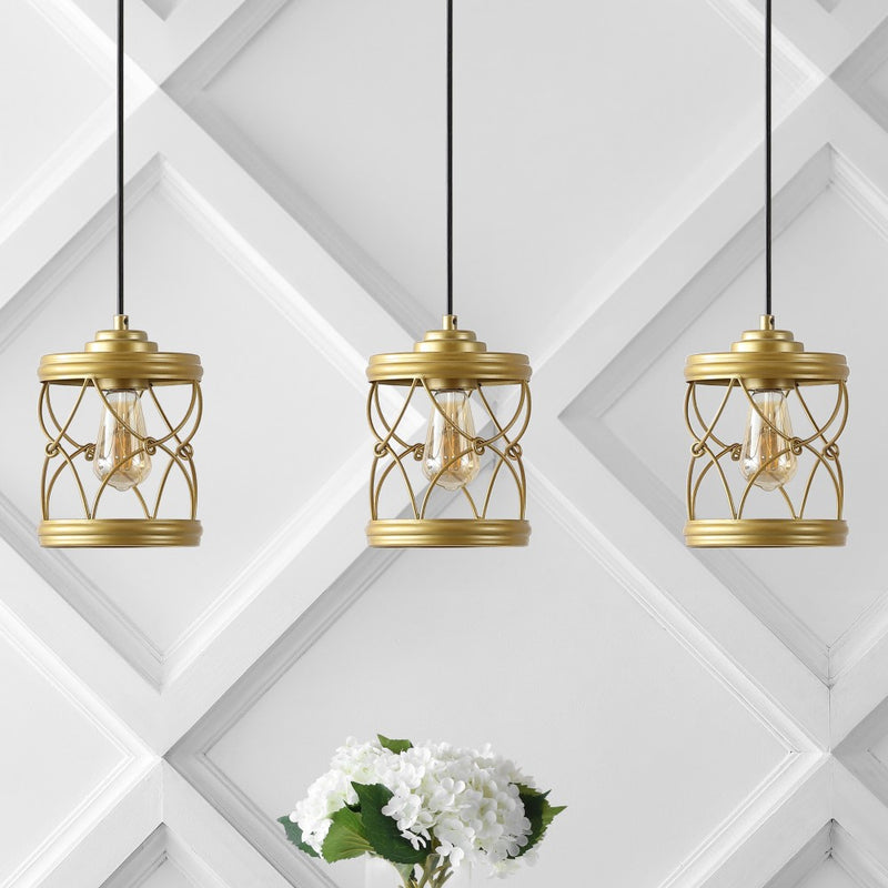 Marelle 6.5" Farmhouse Industrial Iron Filigree Caged Jar LED Pendant - JONATHAN Y