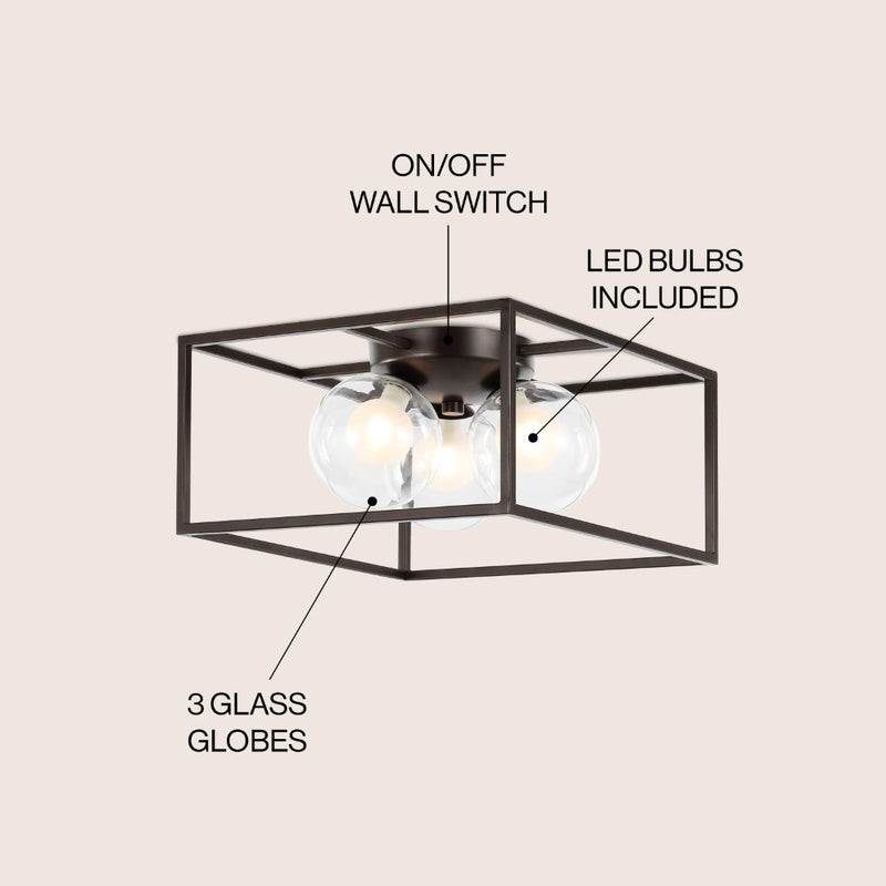 Kyle 14" 3-Light Modern Farmhouse Metal/Iron Open-Caged LED Flush Mount - JONATHAN Y