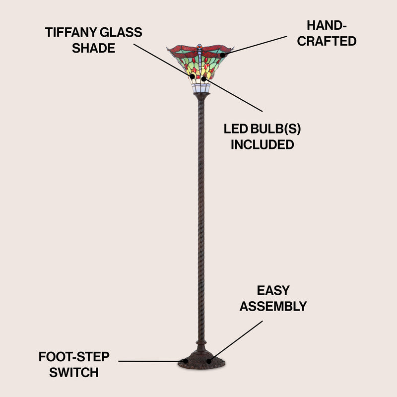 Dragonfly Tiffany Style 71" Torchiere LED Floor Lamp - JONATHAN Y