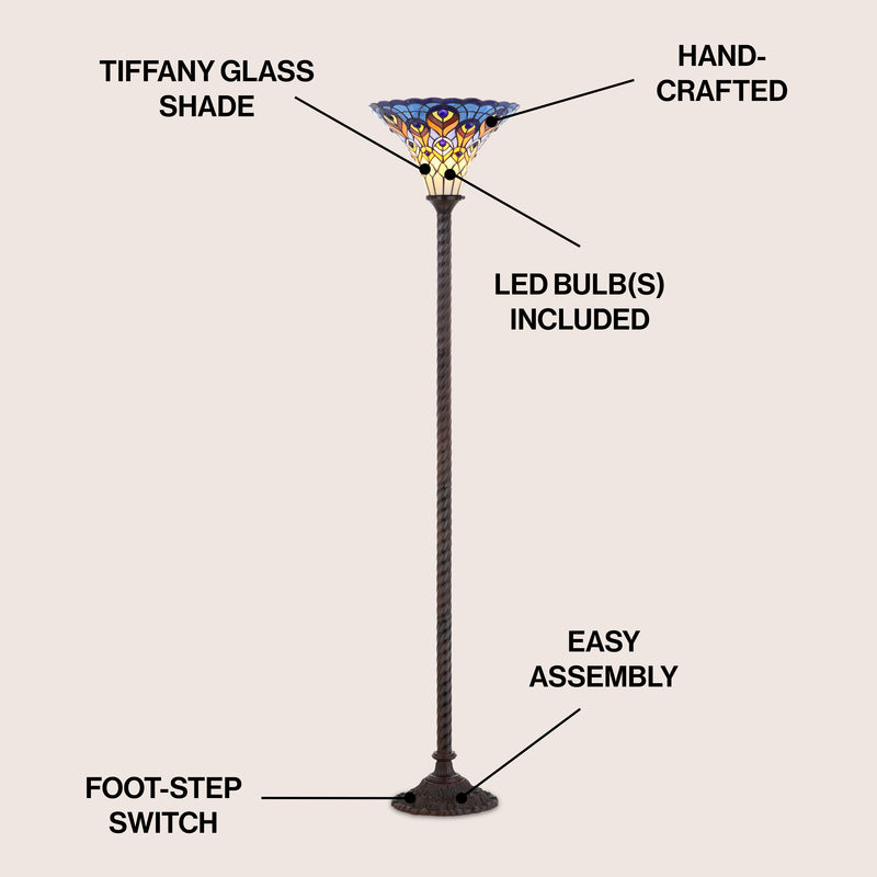 Peacock Tiffany Style 70" Torchiere LED Floor Lamp - JONATHAN Y