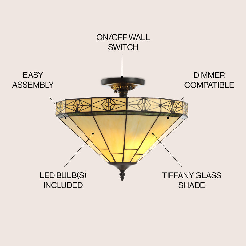 Jasmine 16" Tiffany Style Glass/Metal LED Semi - JONATHAN Y