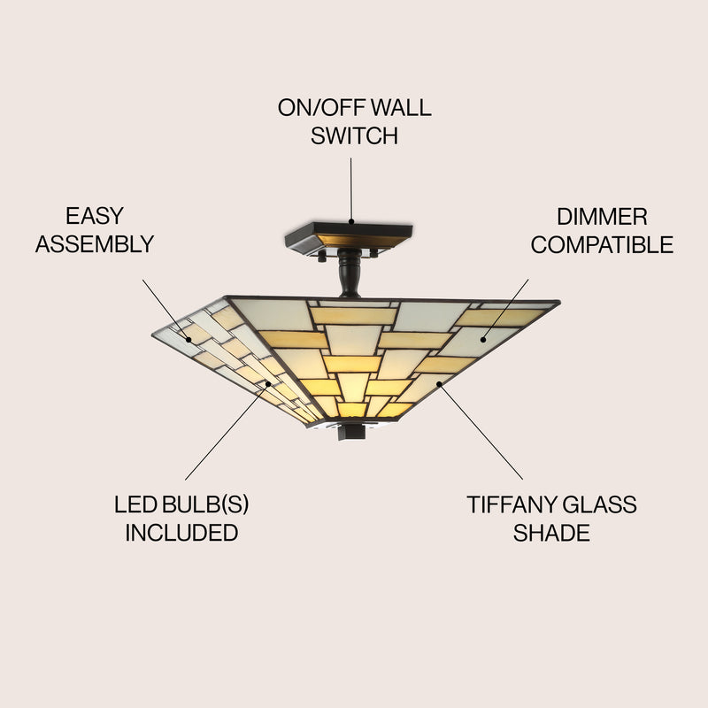 Jason 15.7" Tiffany Style Glass/Metal LED Semi - JONATHAN Y