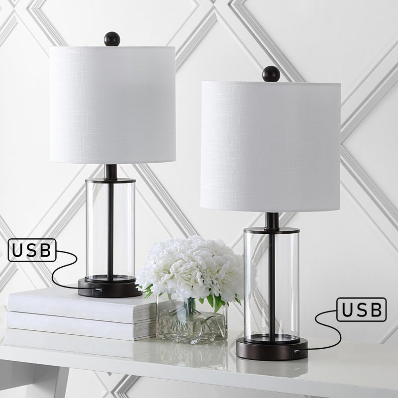 Abner 21" Glass Modern Contemporary USB Charging LED Table Lamp - JONATHAN Y