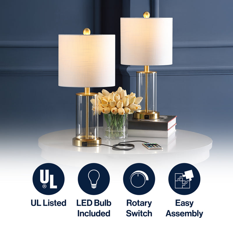 Abner 21" Glass Modern Contemporary USB Charging LED Table Lamp Set 2