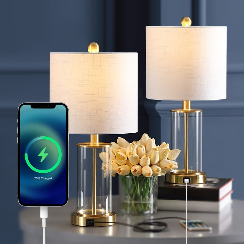 Abner 21" Glass Modern Contemporary USB Charging LED Table Lamp - JONATHAN Y