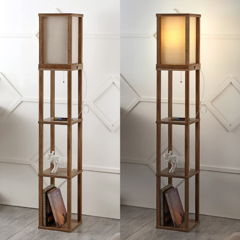 Etagere 63.5" Rustic Bohemian Wooden LED 3-Shelf Floor Lamp with Pull-Chain - JONATHAN Y