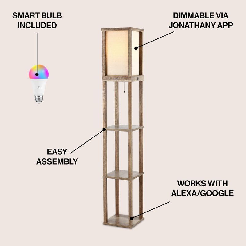 Etagere 63.5" Rustic Bohemian Wooden LED 3-Shelf Floor Lamp with Pull-Chain - JONATHAN Y
