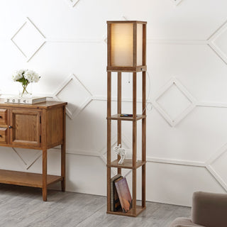 Etagere 63.5" Rustic Bohemian Wooden LED 3-Shelf Floor Lamp with Pull-Chain - JONATHAN Y