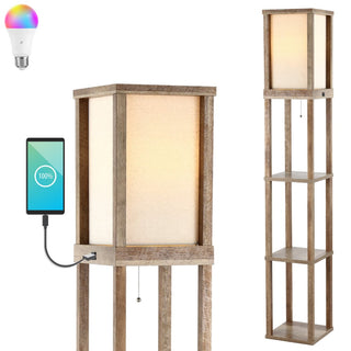 Etagere 63.5" Rustic Bohemian Wooden LED 3-Shelf Floor Lamp with Pull-Chain - JONATHAN Y