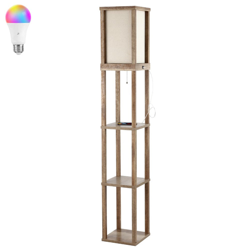 Etagere 63.5" Rustic Bohemian Wooden LED 3-Shelf Floor Lamp with Pull-Chain - JONATHAN Y