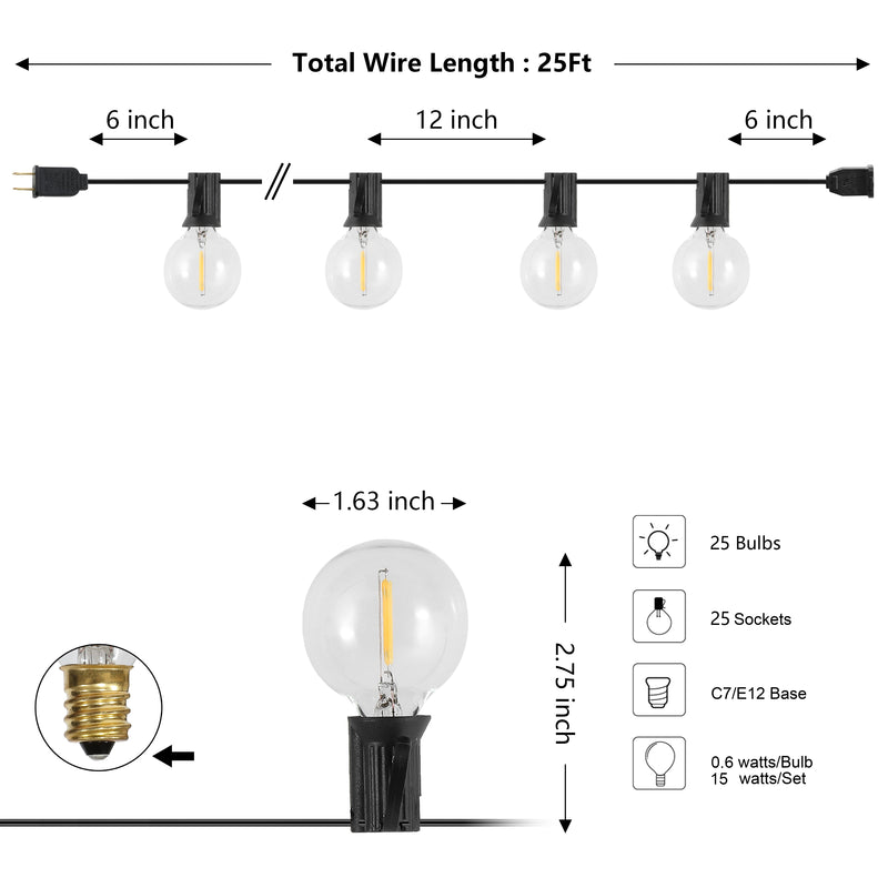 Indoor/Outdoor 25 ft. Contemporary Rustic Incandescent G40 Bistro Globe Bulb String Lights