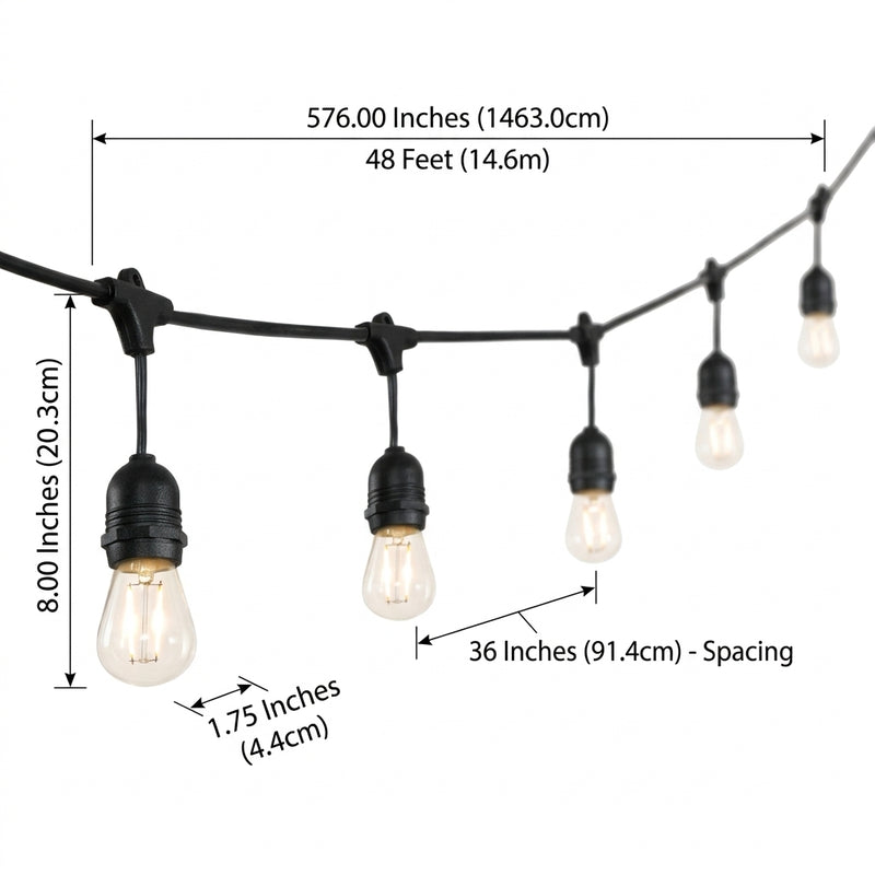 Indoor/Outdoor 48 ft. Rustic Industrial LED S14 Edison Bulb String Lights Black / 15 Sockets – DIM