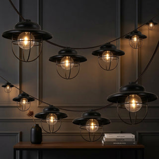 Indoor/Outdoor 10 ft. Rustic Farmhouse Incandescent G40 Metal Cage Shade String Lights Black – AI-ON