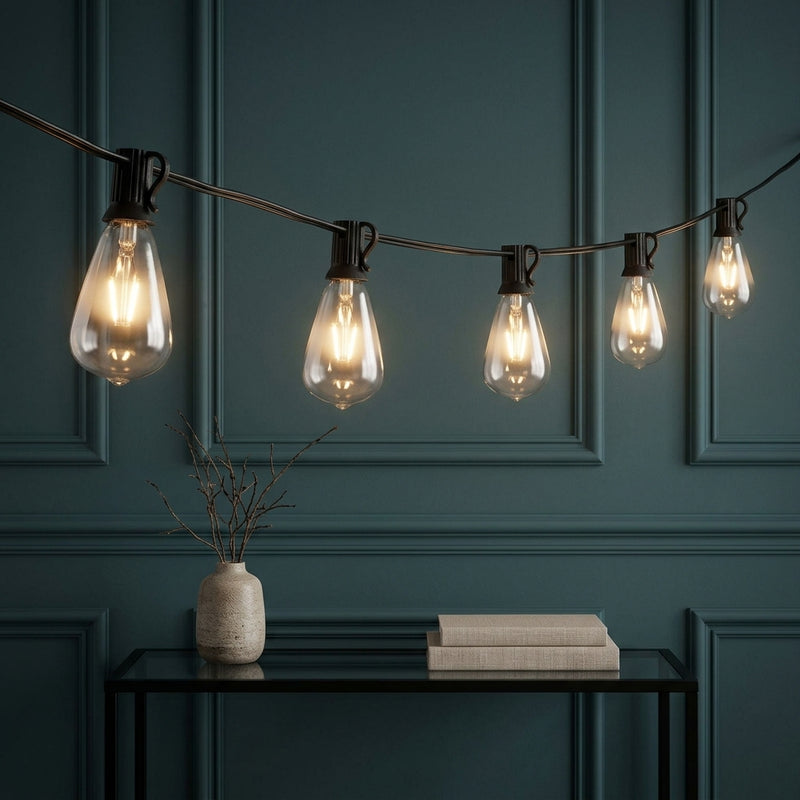 10-Light Indoor/Outdoor 10 ft. Rustic Industrial ST38 Clear Bulb String Lights Black – AI-ON