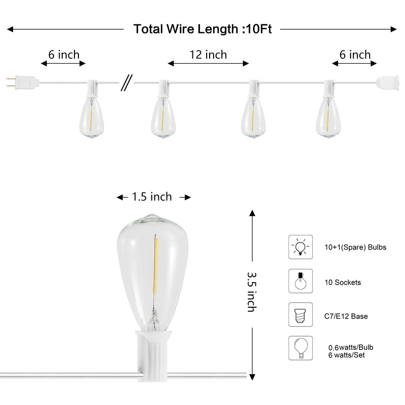 10-Light Indoor/Outdoor 10 ft. Rustic Industrial ST38 Clear Bulb String Lights