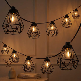 Indoor/Outdoor 10 ft. Contemporary Transitional Incandescent G40 Diamond Cage String Lights Black – AI-ON