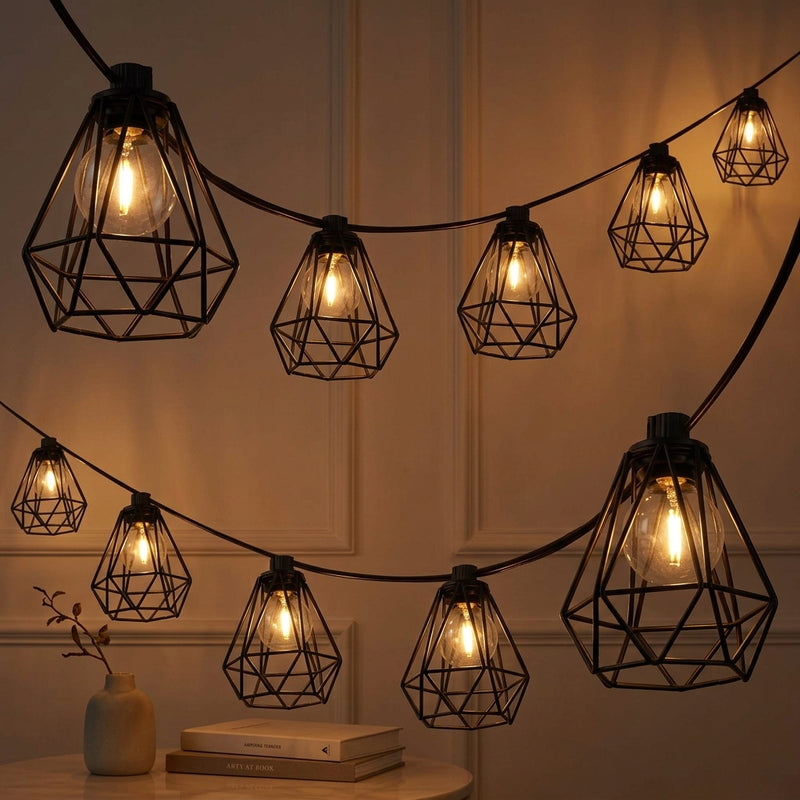 Indoor/Outdoor 10 ft. Contemporary Transitional Incandescent G40 Diamond Cage String Lights Black – AI-ON