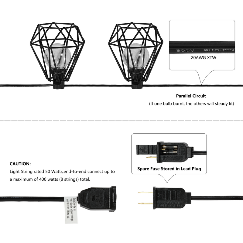 Indoor/Outdoor 10 ft. Contemporary Transitional Incandescent G40 Diamond Cage String Lights