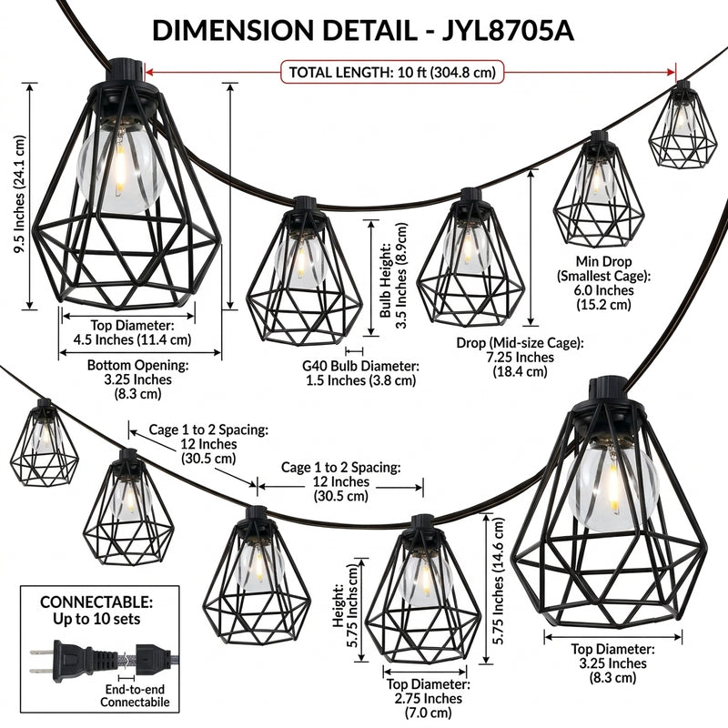 Indoor/Outdoor 10 ft. Contemporary Transitional Incandescent G40 Diamond Cage String Lights Black – DIM