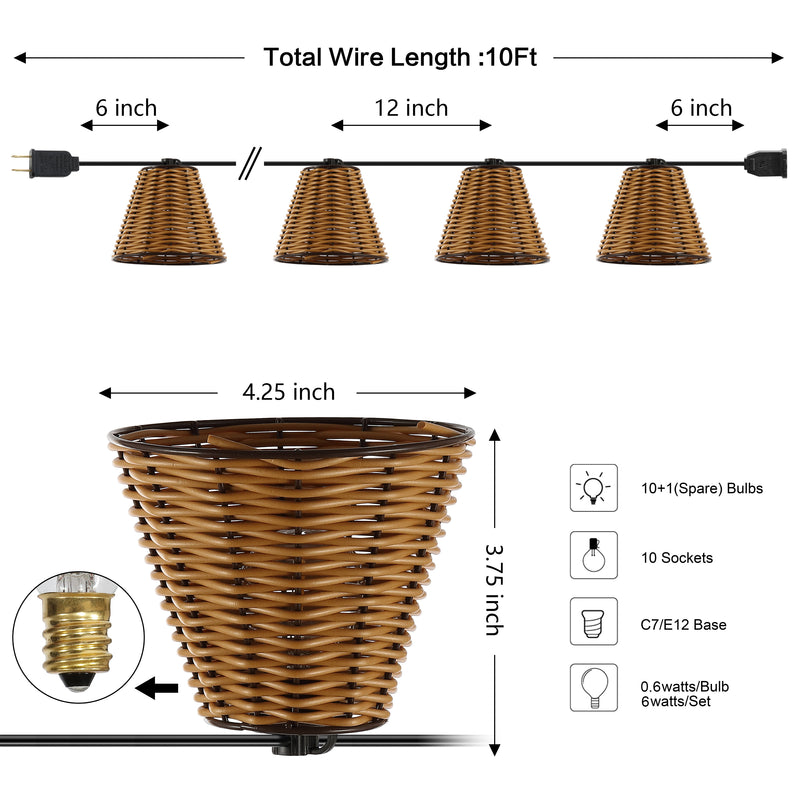 Payton 10-Light Indoor/Outdoor 10 ft. Classic Cottage Incandescent G40 Faux-Rattan Shaded String Lights