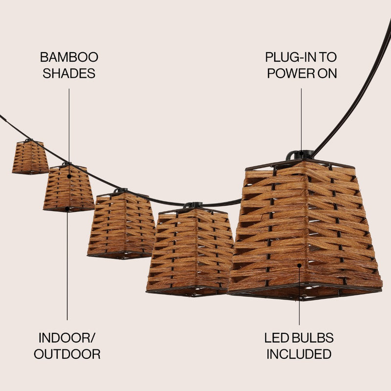 Quinn 10-Light Indoor/Outdoor 10 ft. Classic Vintage Incandescent G40 Square Bamboo Shaded String Lights - JONATHAN Y