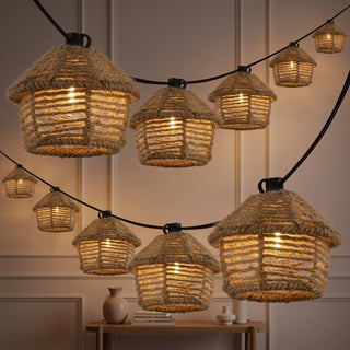 Maui 10-Light Indoor/Outdoor 10 ft. Mid-Century Vintage Incandescent G40 Tiki Hut Hemp Rope Shaded String Lights Brown – AI-ON