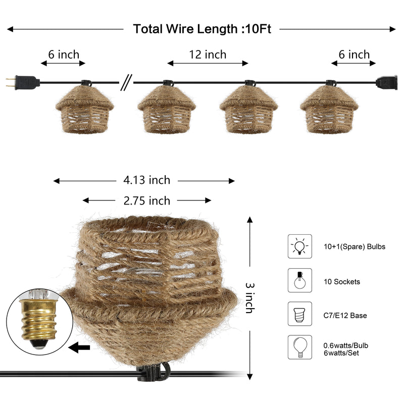 Maui 10-Light Indoor/Outdoor 10 ft. Mid-Century Vintage Incandescent G40 Tiki Hut Hemp Rope Shaded String Lights - JONATHAN Y
