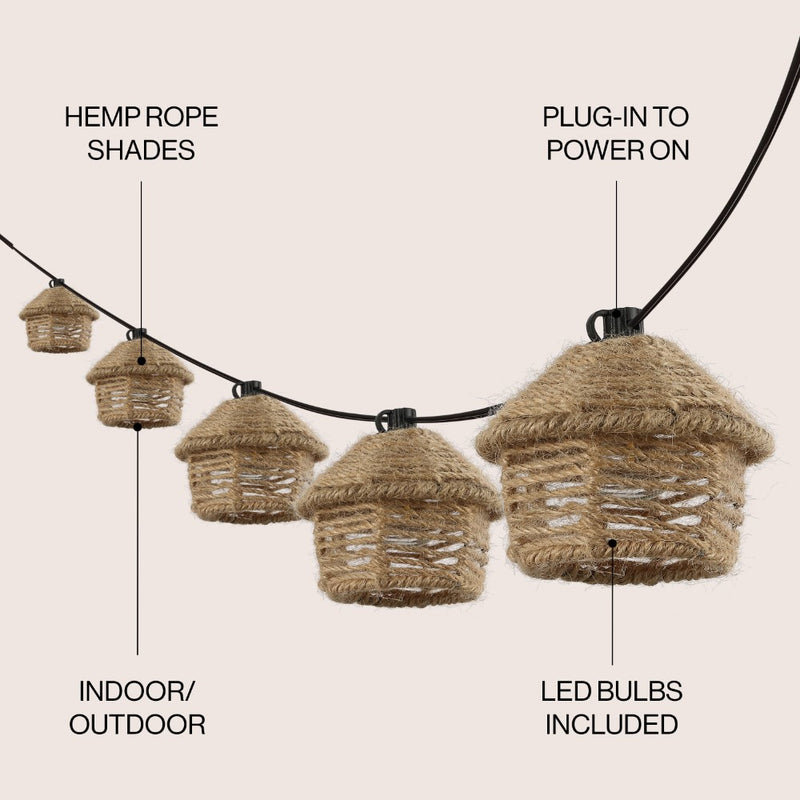 Maui 10-Light Indoor/Outdoor 10 ft. Mid-Century Vintage Incandescent G40 Tiki Hut Hemp Rope Shaded String Lights - JONATHAN Y