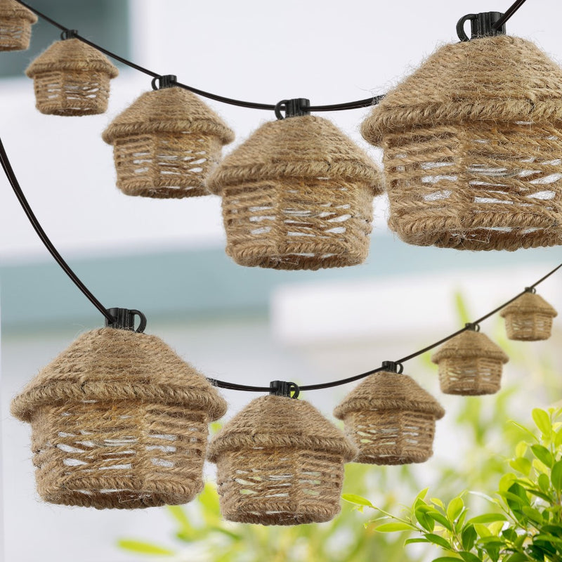 Maui 10-Light Indoor/Outdoor 10 ft. Mid-Century Vintage Incandescent G40 Tiki Hut Hemp Rope Shaded String Lights - JONATHAN Y