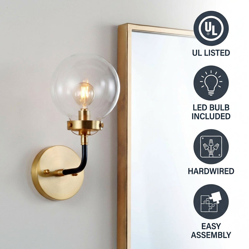 Caleb Brass Vanity Wall Sconce Clear Brass Gold/Black / 1 Light – ICONS