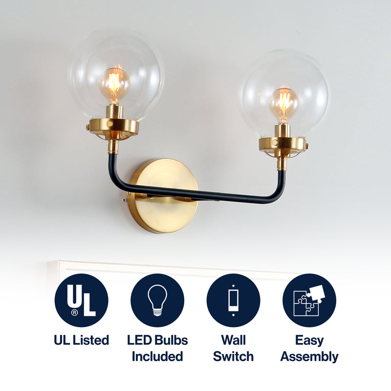 Caleb Brass Vanity Wall Sconce Clear