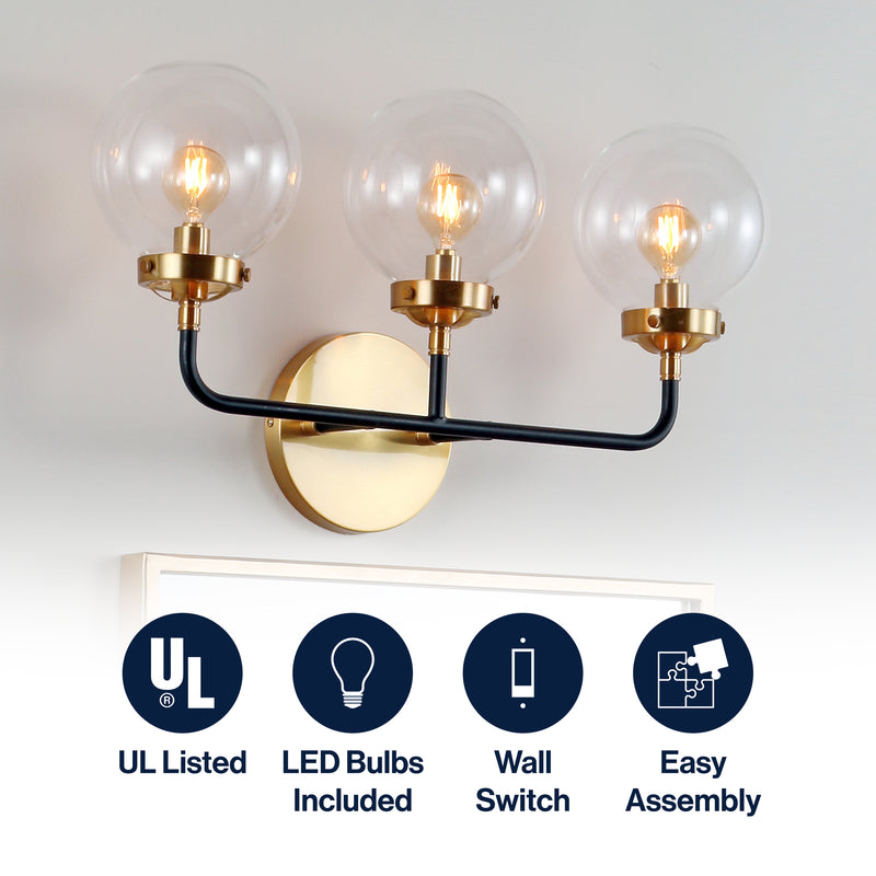 Caleb Brass Vanity Wall Sconce Clear