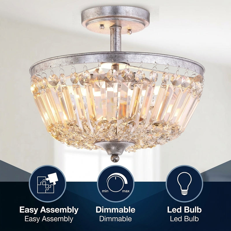 Caleb 14.2" Crystal / Metal LED Semi Flush Mount Antique Silver / Amber / 3 Sockets – ICONS