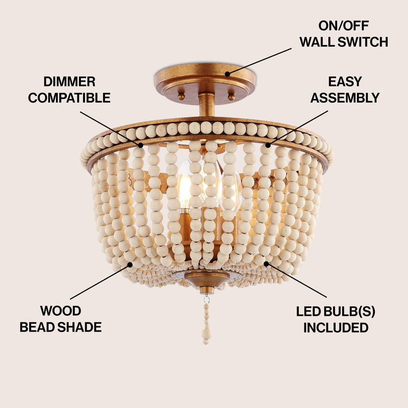 Allie 14" Wood Beaded/Metal LED Flush Mount