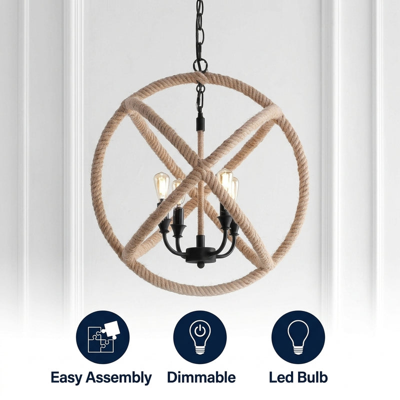 Soka 20" Adjustable Globe Metal/Rope LED Pendant Black/Brown / 4 Sockets – ICONS