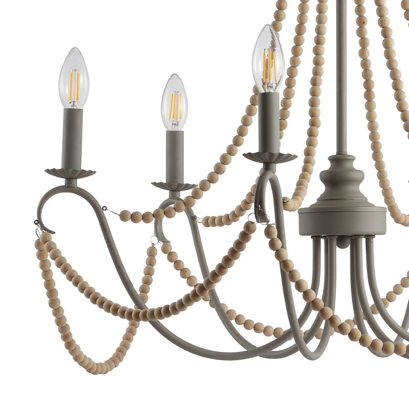 Rustica 27" Adjustable Greige Metal/Wood Bead LED Chandelier - JONATHAN Y