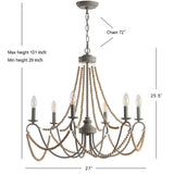 Rustica 27" Adjustable Greige Metal/Wood Bead LED Chandelier - JONATHAN Y