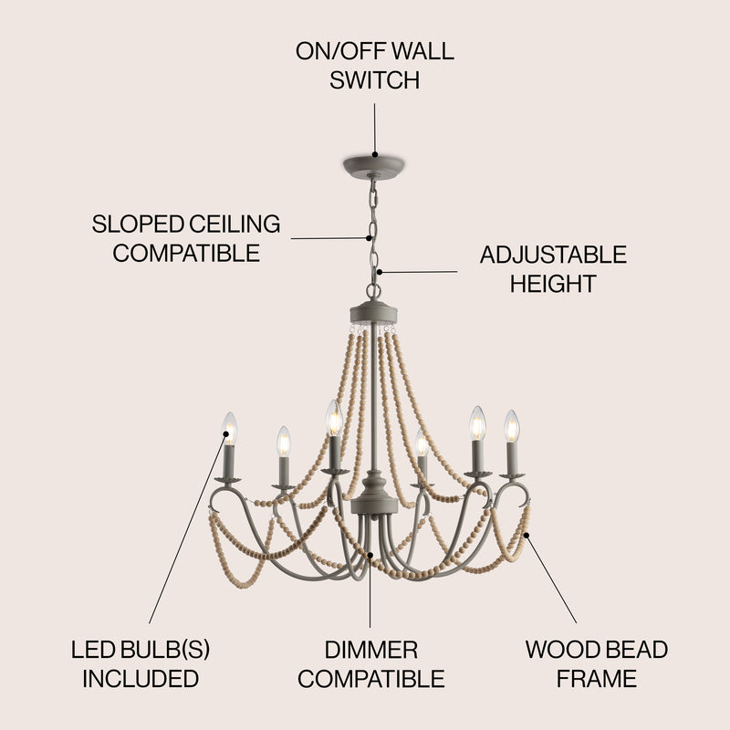 Rustica 27" Adjustable Greige Metal/Wood Bead LED Chandelier - JONATHAN Y