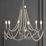 Rustica 27" Adjustable Greige Metal/Wood Bead LED Chandelier - JONATHAN Y