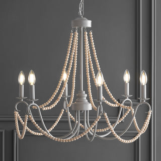 Rustica 27" Adjustable Greige Metal/Wood Bead LED Chandelier - JONATHAN Y