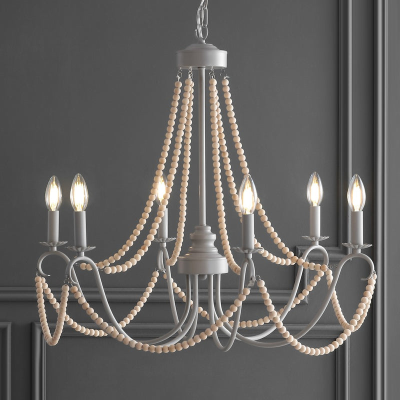 Rustica 27" Adjustable Greige Metal/Wood Bead LED Chandelier - JONATHAN Y