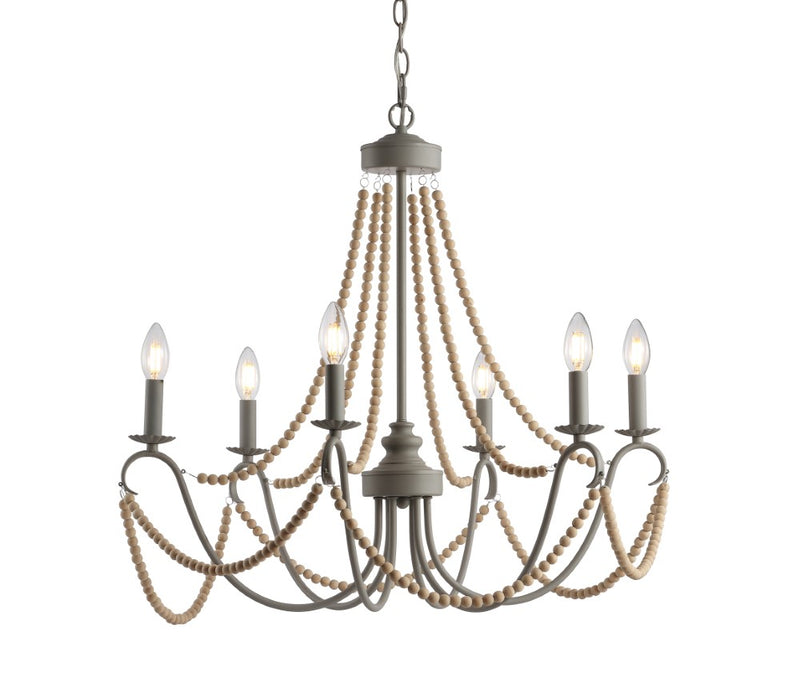 Rustica 27" Adjustable Greige Metal/Wood Bead LED Chandelier - JONATHAN Y