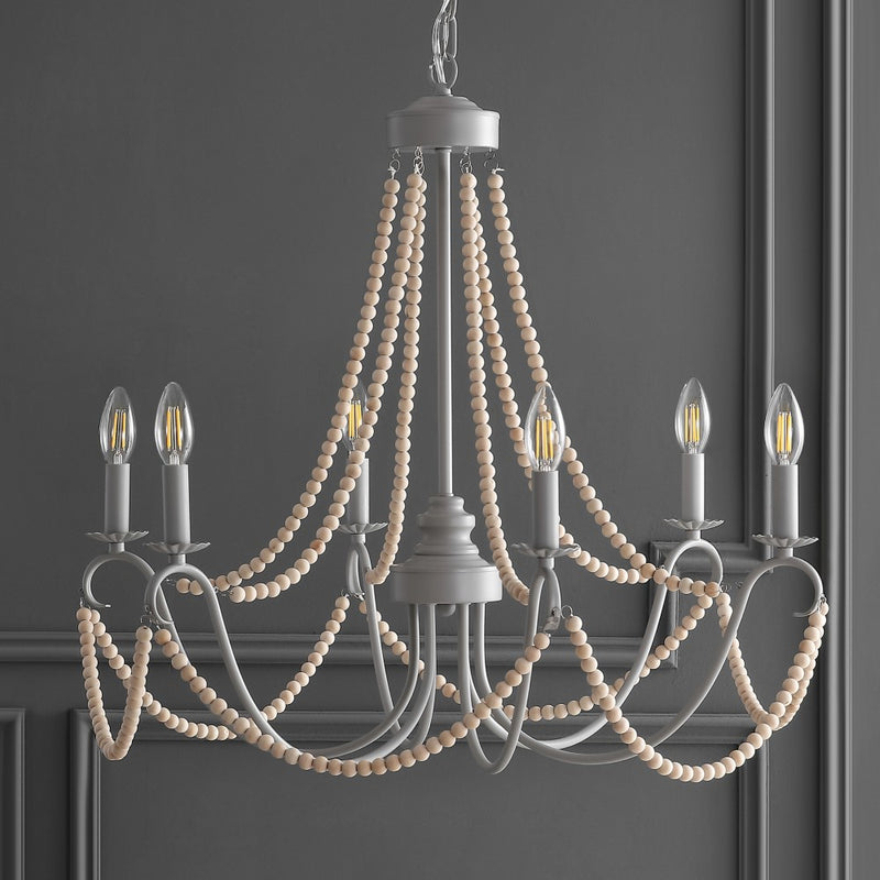 Rustica 27" Adjustable Greige Metal/Wood Bead LED Chandelier - JONATHAN Y
