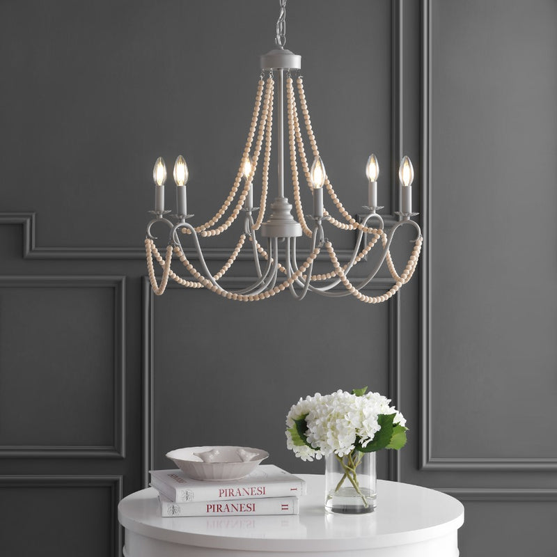 Rustica 27" Adjustable Greige Metal/Wood Bead LED Chandelier - JONATHAN Y