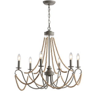 Rustica 27" Adjustable Greige Metal/Wood Bead LED Chandelier - JONATHAN Y