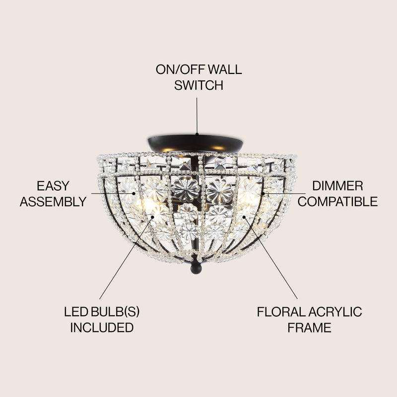 Billie 12" Crystal Flower Metal/Acrylic LED Semi Flush Mount - JONATHAN Y