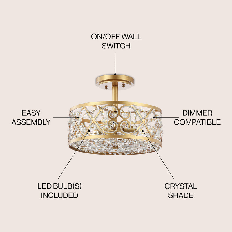 Leila 13.25" Iron/Crystal Modern Glam LED Flush Mount - JONATHAN Y