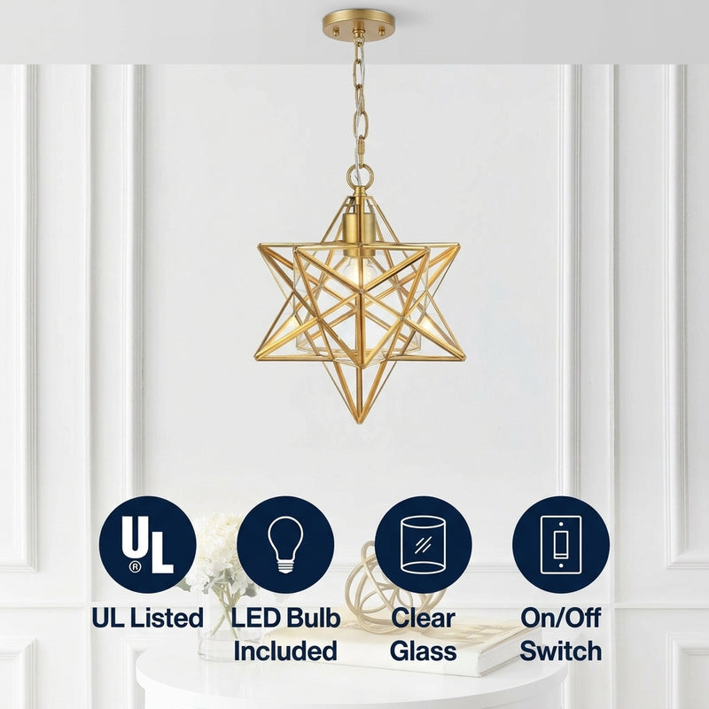 Stellaa 12" Moravian Star Metal/Clear Glass LED Pendant Gold Leaf/Clear – ICONS