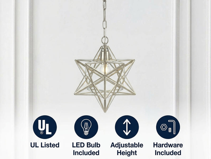Stellaa 12" Moravian Star Metal/Clear Glass LED Pendant Nickel/Clear – ICONS