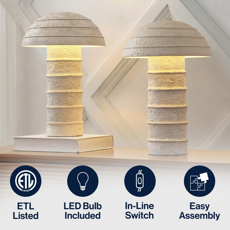 Cremini 17.5" Modern Minimalist Plaster-Look Ribbed Mushroom Resin Cylinder LED Table Lamp
